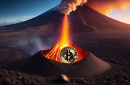 Illustration of bitcoin cryptocurrency convulsing out of volcano with lava. Bitcoun growing fast. Bitcoin coin is on top of a volcano, volcanic eruption, cryptocurrency. Bitcoin cryptocurrency design.の素材