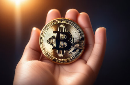 Close up fun emotional young female is holding bitcoin. Online virtual future currency concept. Digital cryptocurrency bitcoin with place to place text Bitcoin coin is in the hand of a person, the brush of the hand, fingers personの素材