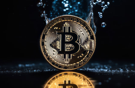 Dark, night abstract fantasy landscape, bitcoin and lightning. Underwater shooting, Bitcoin ETF coin with yellow lightning with space for text on a background. Reflection of BTC in water, sea, ocean. A modern futuristic landscape with bitcoin. 3dの素材