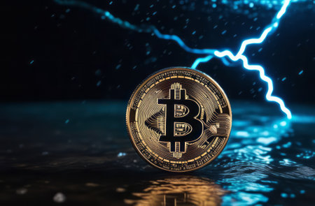 Dark, night abstract fantasy landscape, bitcoin and lightning. Underwater shooting, Bitcoin ETF coin with yellow lightning with space for text on a background. Reflection of BTC in water, sea, ocean. A modern futuristic landscape with bitcoin. 3dの素材