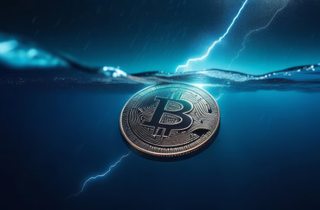 Dark, night abstract fantasy landscape, bitcoin and lightning. Underwater shooting, Bitcoin ETF coin with yellow lightning with space for text on a background. Reflection of BTC in water, sea, ocean. A modern futuristic landscape with bitcoin. 3dの素材
