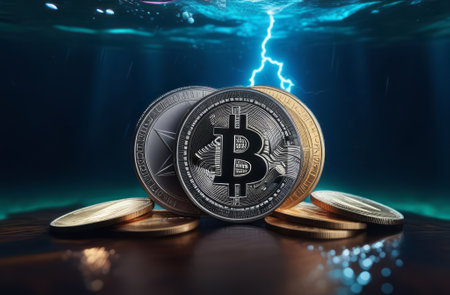 Dark, night abstract fantasy landscape, bitcoin and lightning. Underwater shooting, Bitcoin ETF coin with yellow lightning with space for text on a background. Reflection of BTC in water, sea, ocean. A modern futuristic landscape with bitcoin. 3dの素材