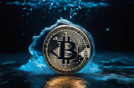 Dark, night abstract fantasy landscape, bitcoin and lightning. Underwater shooting, Bitcoin ETF coin with yellow lightning with space for text on a background. Reflection of BTC in water, sea, ocean. A modern futuristic landscape with bitcoin. 3dの素材