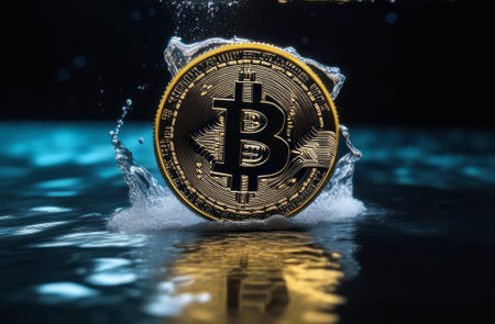 Dark, night abstract fantasy landscape, bitcoin and lightning. Underwater shooting, Bitcoin ETF coin with yellow lightning with space for text on a background. Reflection of BTC in water, sea, ocean. A modern futuristic landscape with bitcoin. 3dの素材