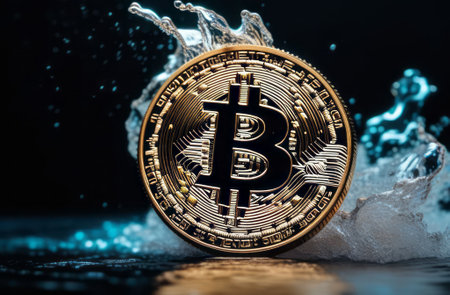 Dark, night abstract fantasy landscape, bitcoin and lightning. Underwater shooting, Bitcoin ETF coin with yellow lightning with space for text on a background. Reflection of BTC in water, sea, ocean. A modern futuristic landscape with bitcoin. 3dの素材