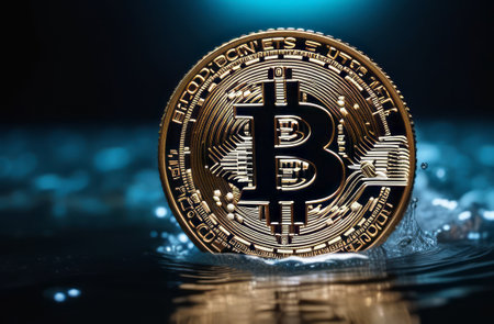 Dark, night abstract fantasy landscape, bitcoin and lightning. Underwater shooting, Bitcoin ETF coin with yellow lightning with space for text on a background. Reflection of BTC in water, sea, ocean. A modern futuristic landscape with bitcoin. 3dの素材