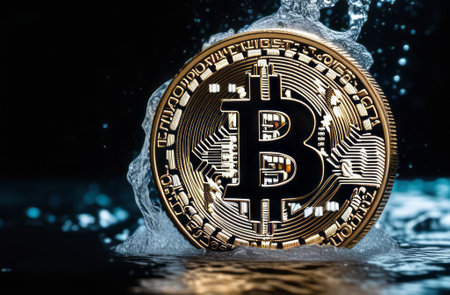 Dark, night abstract fantasy landscape, bitcoin and lightning. Underwater shooting, Bitcoin ETF coin with yellow lightning with space for text on a background. Reflection of BTC in water, sea, ocean. A modern futuristic landscape with bitcoin. 3dの素材