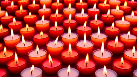 Christmas candles with a christmas decoration on it. A bunch of candles that are on a table. Bunch of red candles burning on wooden table with traditional christmas pine decoration on wood textured background with a lot of copy space for text. Traditional decorated christmas pine tree, bokeh lights on background. Close up, copy space.の素材