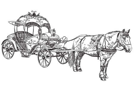 Pencil drawing beautiful carriage with horse vector illustratoinのイラスト素材