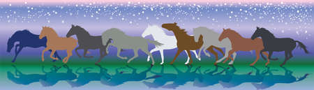 Vector background with horses and stars running gallop in the nightのイラスト素材
