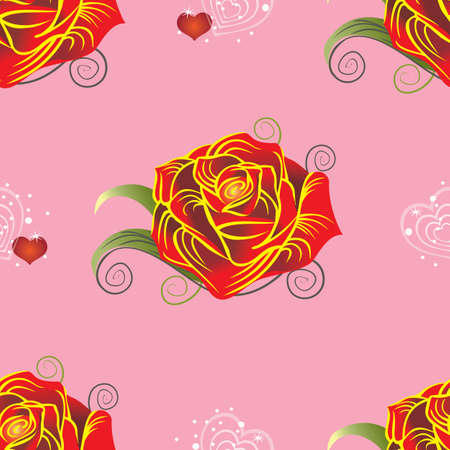 Seamless vector pattern with red rose and hearts on pink backgroundのイラスト素材