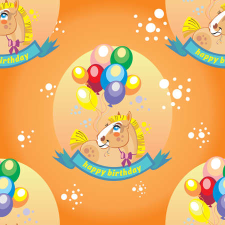 Seamless vector pattern with pony and colorful balloons on orange backgroundのイラスト素材
