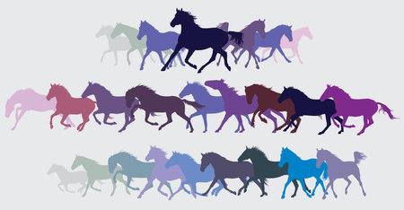 Set of colorful trotting horses silhouettes.のイラスト素材
