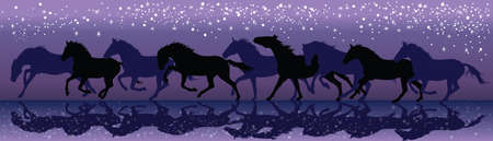 Dark horses in the night under the stars illustration.のイラスト素材