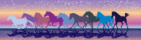 Colorful layout with horses in the sunset.のイラスト素材