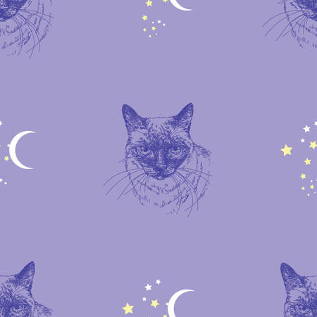 Seamless vector pattern with cat, stars and moon on blue background illustrationのイラスト素材