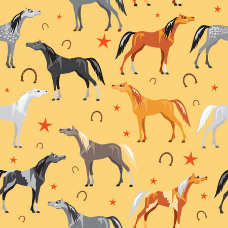 Seamless pattern with colorful horses, stars and horseshoes on yellow backgroundのイラスト素材