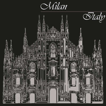 Famous Milan Cathedral on piazza in Milan, Italy. Graphic hand drawing illustration. Vector isolated on a black background.のイラスト素材