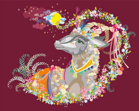 Decorative goat under the moon and stars with beautiful plants and flowers on dark red backgroundのイラスト素材