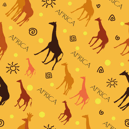 Seamless pattern with colorful giraffes on yellow backgroundのイラスト素材