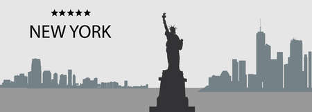 Silhouettes of New York City, USA, Skyscrapers and Statue of Liberty vector panorama in grey and black colorsのイラスト素材