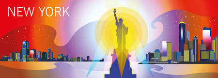 Panoramic view of New York-city with statue of Freedom, skyscrapers and stars in bright colorsのイラスト素材