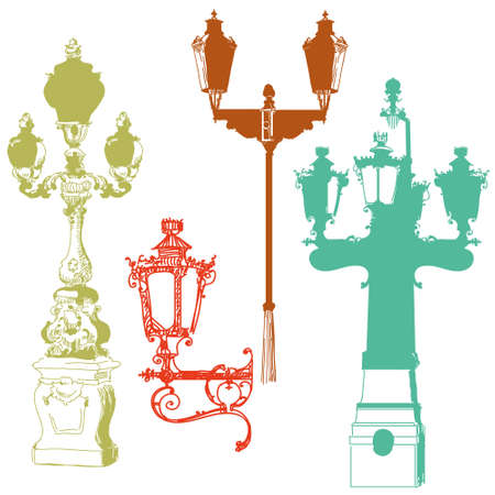 Set of ancient lanterns isolated vector hand drawing illustration in different colors on white backgroundのイラスト素材