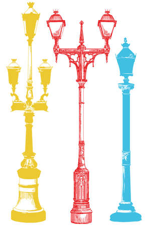 Set of ancient lanterns isolated vector hand drawing illustration in different colors on white backgroundのイラスト素材