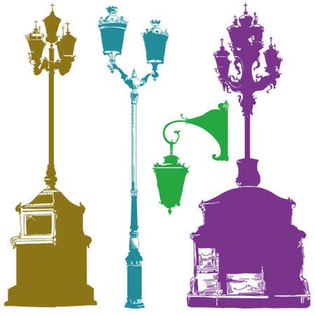 Set of ancient lanterns isolated vector hand drawing illustration in different colors on white backgroundのイラスト素材