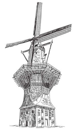 Windmill De Gooyer in Amsterdam (Netherlands, Holland) isolated hand drawing vector illustration in black color on white backgroundのイラスト素材