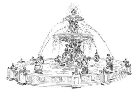 Fountain at Place de la Concord (landmark of Paris) vector hand drawing illustration in black color isolated on white backgroundのイラスト素材