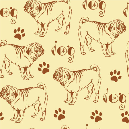 Seamless pattern with decorative contour brown dog pug on beige backgroundのイラスト素材