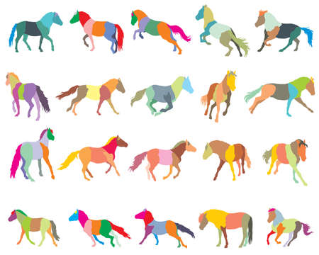 Set of mosaic vector colorful trotting and galloping horses (Norwegian fjord pony) silhouettes isolated on white backgroundのイラスト素材