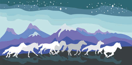 Colorful vector illustration- background with horses silhouettes white and grey colors running gallop between mountains under sky with stars. Mountains landscape in nightのイラスト素材