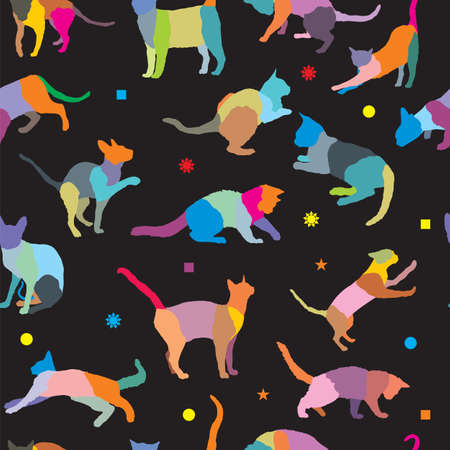 Vector seamless pattern with colorful mosaic different breeds cats and different geometrical figures, on black backgroundのイラスト素材