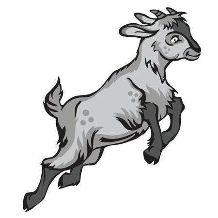 Decorative jumping funny cartoon goat kid. Colorful vector illustration in black and grey colors isolated on white background.  のイラスト素材