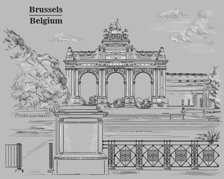 The triumphal arch in the park of the fiftieth anniversary in Brussels (Belgium). Landmark of Brussels. Vector hand drawing monochrome illustration isolated on grey background.のイラスト素材