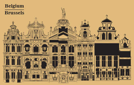 Grand Place in Brussels, Belgium. Landmark of Belgium. Vector hand drawing illustration in black color isolated on brown background.のイラスト素材
