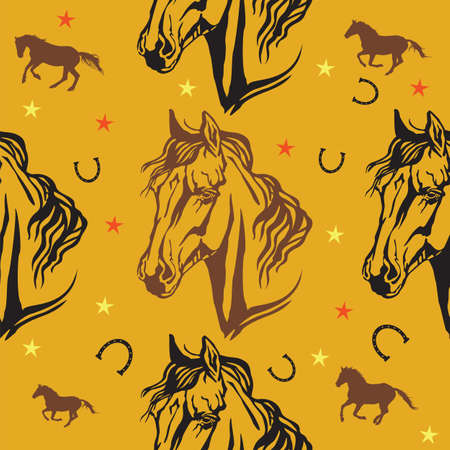 Colorful vector seamless pattern with stars, horseshoes and decorative portraits in profile of Arabian horse, on orange backgroundのイラスト素材