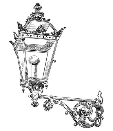 Hand drawing old street lamp vector monochrome illustration in black color isolated on white backgroundのイラスト素材