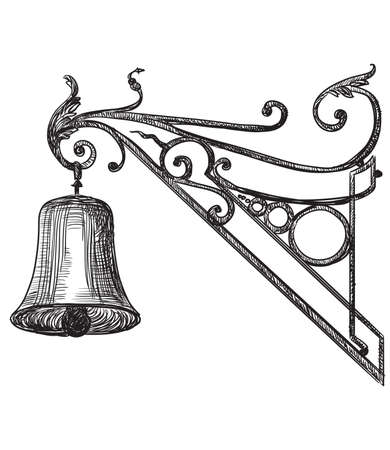 Ancient carving street bell, vector hand drawing illustration in black color isolated on white backgroundのイラスト素材