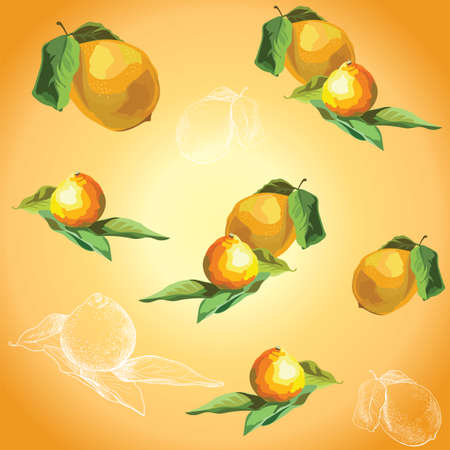 Vector colorful illustration. Seamless pattern with vector and hand drawing fruits lemon and tangerine isolated on yellow and orange gradient background. Image for art and designのイラスト素材