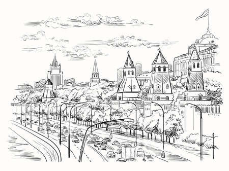 Cityscape of embankment of Kremlin towers and Moscow river (Red Square, Moscow, Russia) isolated vector hand drawing illustration in black color on white backgroundのイラスト素材