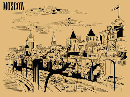 Cityscape of embankment of Kremlin towers and Moscow river (Red Square, Moscow, Russia) isolated vector hand drawing illustration in black color on beige backgroundのイラスト素材