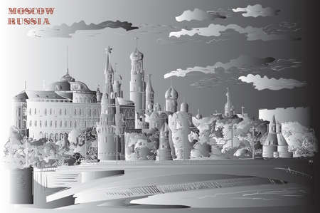 Cityscape of embankment of Kremlin towers and bridge across Moscow river (Red Square, Moscow, Russia) isolated vector hand drawing illustration in black and white gradient colorsのイラスト素材