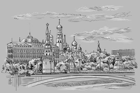 Cityscape of embankment of Kremlin towers and bridge across Moscow river (Red Square, Moscow, Russia) isolated vector hand drawing illustration in black and white colors on grey backgroundのイラスト素材