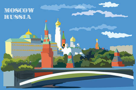 Cityscape of embankment of Kremlin towers and bridge across Moscow river ( International Landmark Red Square, Moscow, Russia). Colorful vector illustration.のイラスト素材