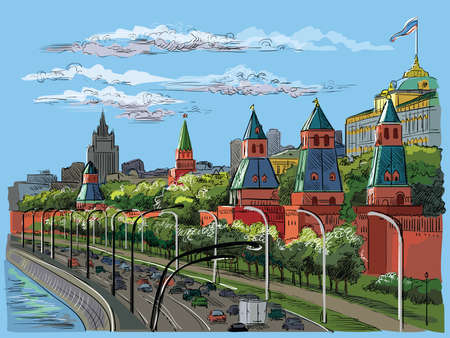 Cityscape of embankment of Kremlin towers and Moscow river (Red Square, Moscow, Russia) Colorful isolated vector hand drawing illustration.のイラスト素材