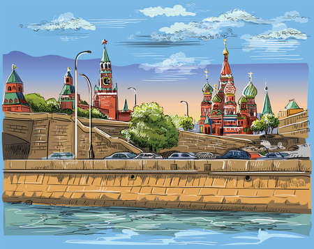 Cityscape of embankment of Kremlin towers and bridge across Moscow river (Red Square, Moscow, Russia) Colorful isolated vector hand drawing illustration.のイラスト素材