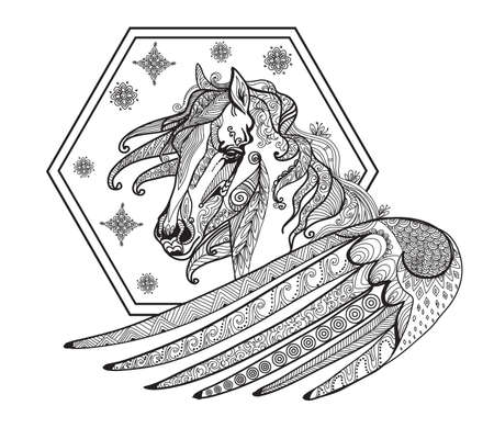 Vector hand drawing illustration unicorn in black color isolated on white background. Doodle unicorn illustration. Coloring fantasy Unicorn with elements.のイラスト素材